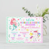 Mermaid and Unicorn Joint Birthday Invitation Kaart (Staand voorkant)