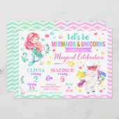 Mermaid and Unicorn Joint Birthday Invitation Kaart (Voorkant / Achterkant)