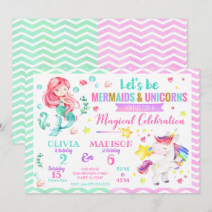 Mermaid and Unicorn Joint Birthday Invitation Kaart