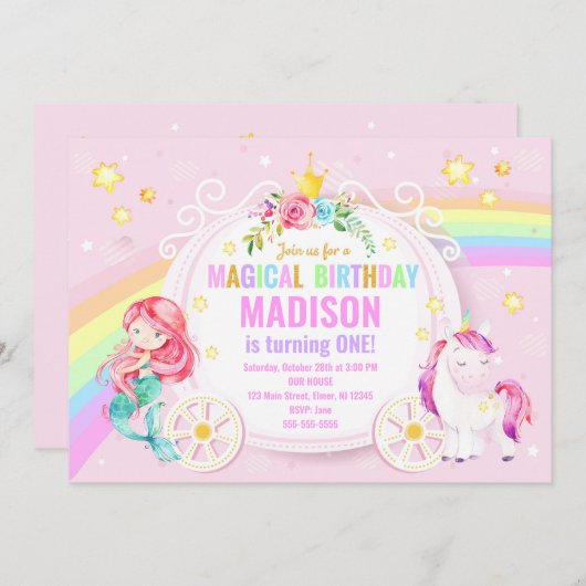 Mermaid and Unicorn Magical Birthday Invitation Kaart (Voorkant / Achterkant)