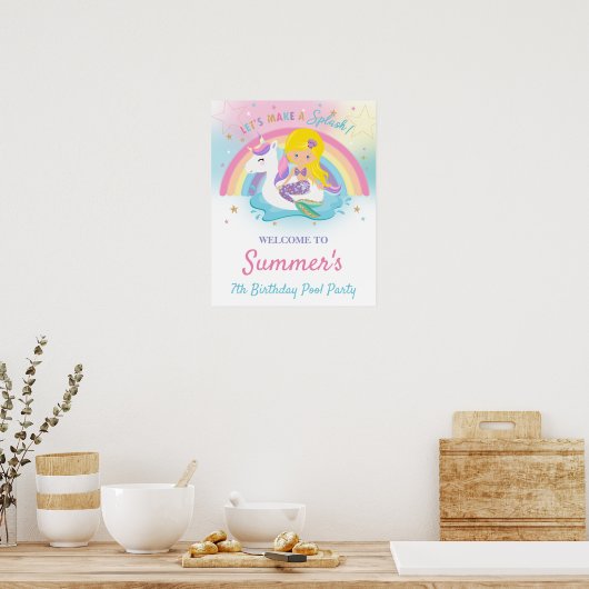 Mermaid and Unicorn Pool Birthday Party Welcome Po Poster (Keuken)