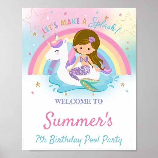 Mermaid and Unicorn Pool Birthday Welcome Poster (Voorkant)