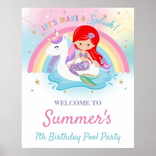 Mermaid and Unicorn Pool Birthday Welcome Poster (Voorkant)