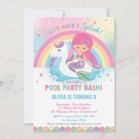 Mermaid and Unicorn Pool Party Birthday Pink Hair Kaart (Voorkant)