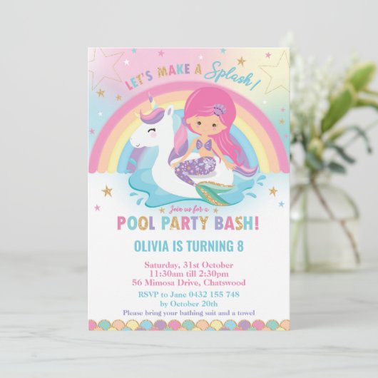 Mermaid and Unicorn Pool Party Birthday Pink Hair Kaart (Staand voorkant)
