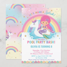 Mermaid and Unicorn Pool Party Birthday Pink Hair Kaart