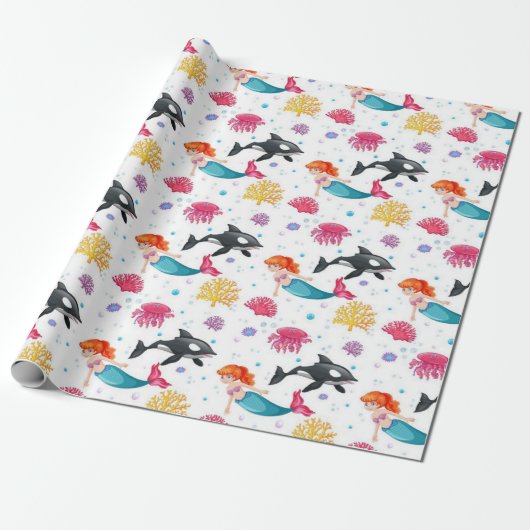 Mermaid and Whales Patroon Cadeaupapier (Uitgerold)