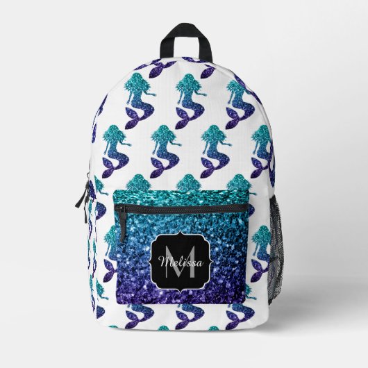 Mermaid aqua blue ombre Sparkles Monogram Bedrukte Rugzak (Voorkant)