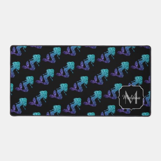 Mermaid aqua blue ombre Sparkles Monogram Bureaumat (Voorkant)