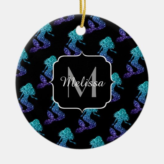 Mermaid aqua blue ombre Sparkles Monogram Keramisch Ornament (Voorkant)