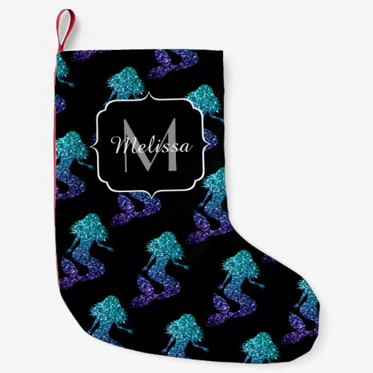 Mermaid aqua blue ombre Sparkles Monogram Kleine Kerstsok (Voorkant)