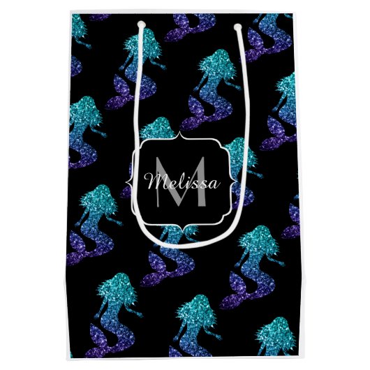 Mermaid aqua blue ombre Sparkles Monogram Medium Cadeauzakje (Achterkant)