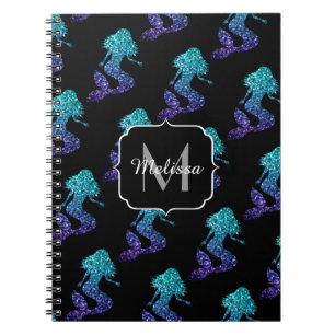 Mermaid aqua blue ombre Sparkles Monogram Notitieboek