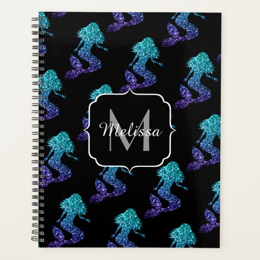 Mermaid aqua blue ombre Sparkles Monogram Planner (Voorkant)