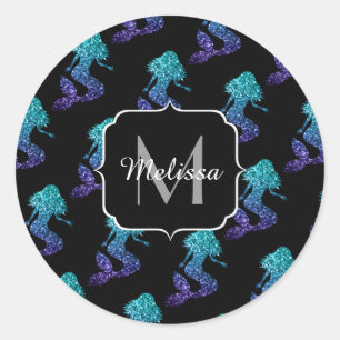 Mermaid aqua blue ombre Sparkles Monogram Ronde Sticker