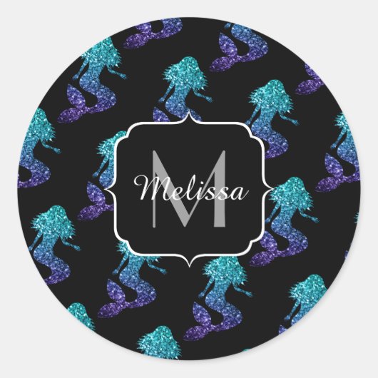 Mermaid aqua blue ombre Sparkles Monogram Ronde Sticker (Voorkant)