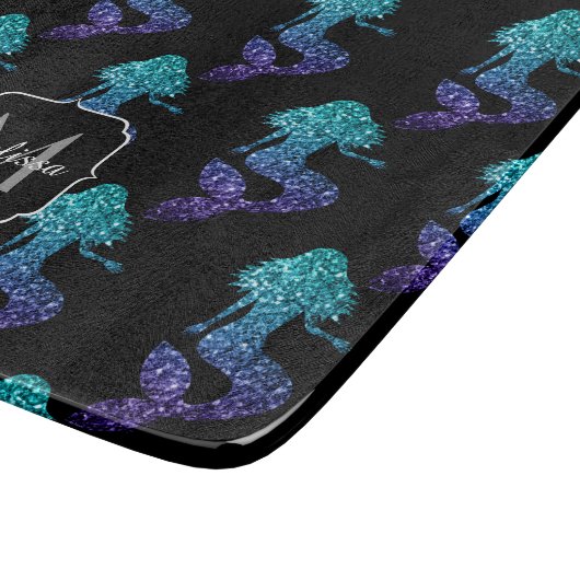 Mermaid aqua blue ombre Sparkles Monogram Snijplank (Hoek)