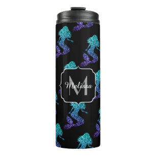 Mermaid aqua blue ombre Sparkles Monogram Thermosbeker