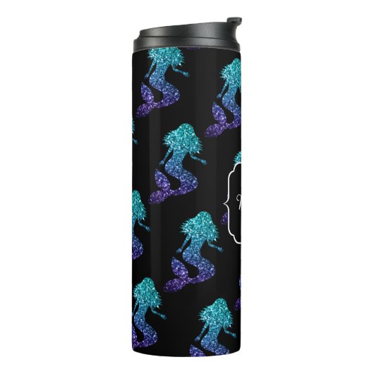 Mermaid aqua blue ombre Sparkles Monogram Thermosbeker (Gedraaid links)