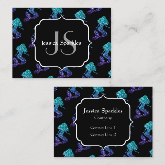 Mermaid aqua blue ombre Sparkles Monogram Visitekaartje (Voorkant / Achterkant)