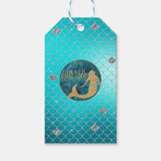 Mermaid Aqua Gold Silver Sparkle Glitter Cadeaulabel (Voorkant)