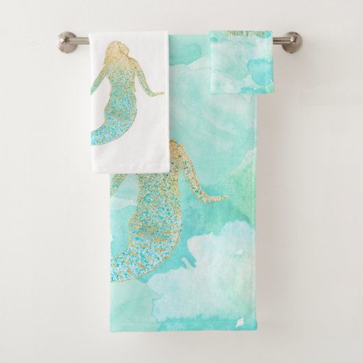 Mermaid Aqua Gold Sparkle Bad Handdoek (Insitu)