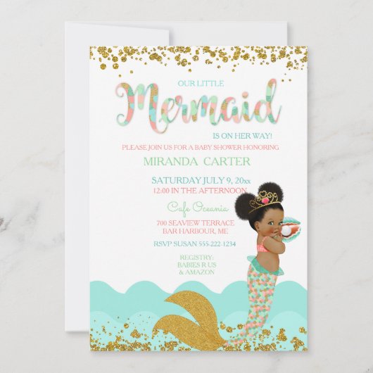 Mermaid Baby Girl African American Peach Mint Gold Kaart (Voorkant)