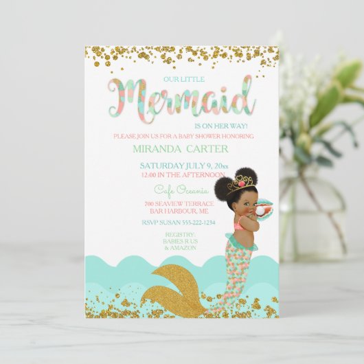 Mermaid Baby Girl African American Peach Mint Gold Kaart (Staand voorkant)