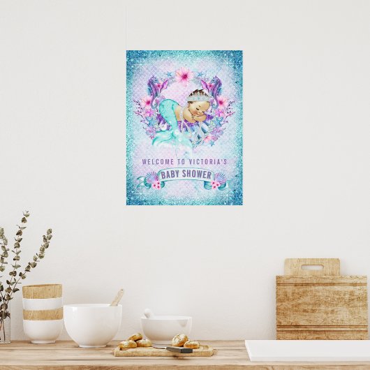 Mermaid Baby Girl Shower Welkomstsignalen Poster (Keuken)