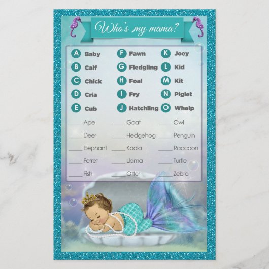 Mermaid Baby shower Animal Match Game #130 (Voorkant)