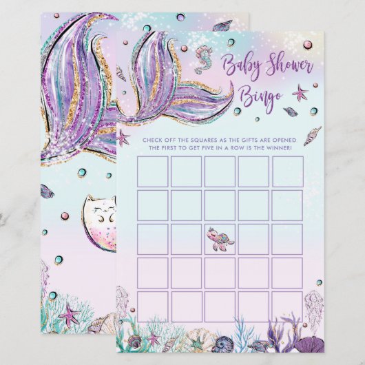 Mermaid Baby shower Bingo Game Activity Baby Girl (Voorkant / Achterkant)