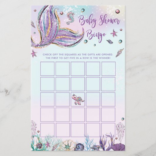 Mermaid Baby shower Bingo Game Activity Baby Girl (Voorkant)