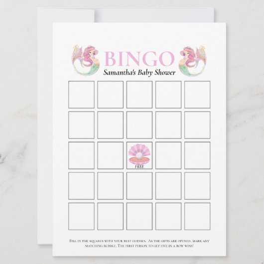 Mermaid Baby Shower Bingo Onder De Zee Roze Kaart (Voorkant)