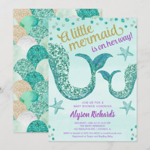 Mermaid baby shower girl, blauwgroen goudstaart kaart