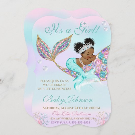 Mermaid  Baby shower Glitter Tail Kaart (Voorkant / Achterkant)