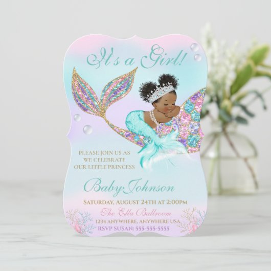 Mermaid  Baby shower Glitter Tail Kaart (Staand voorkant)