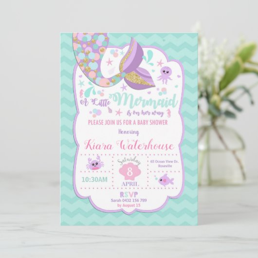 Mermaid Baby shower Invitation Baby Girl Party Kaart (Staand voorkant)