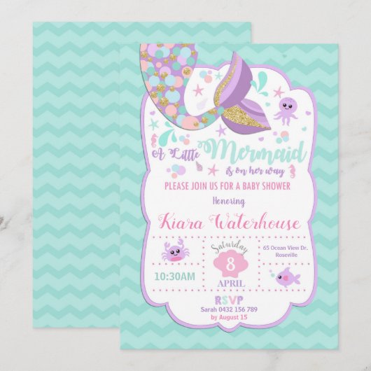 Mermaid Baby shower Invitation Baby Girl Party Kaart (Voorkant / Achterkant)