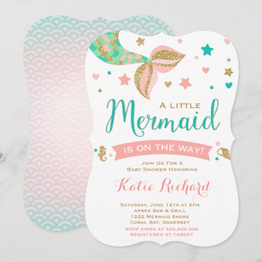 Mermaid Baby shower Invitation Blauwgroen Coral Go Kaart (Voorkant / Achterkant)