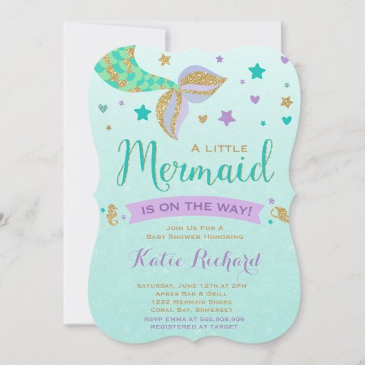 Mermaid Baby shower Invitation Blauwgroen Paars Go Kaart (Voorkant)