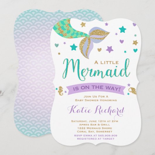 Mermaid Baby shower Invitation Blauwgroen Paars Go Kaart (Voorkant / Achterkant)