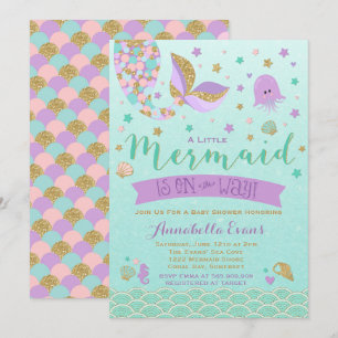 Mermaid Baby shower Invitation Blauwgroen Paarse G Kaart
