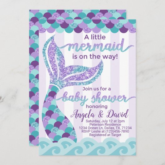 Mermaid Baby shower Invitation Invite Kaart (Voorkant / Achterkant)