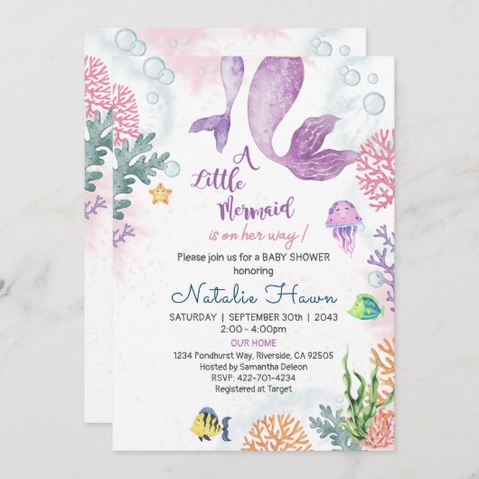 Mermaid Baby shower Invitation Kaart (Voorkant / Achterkant)