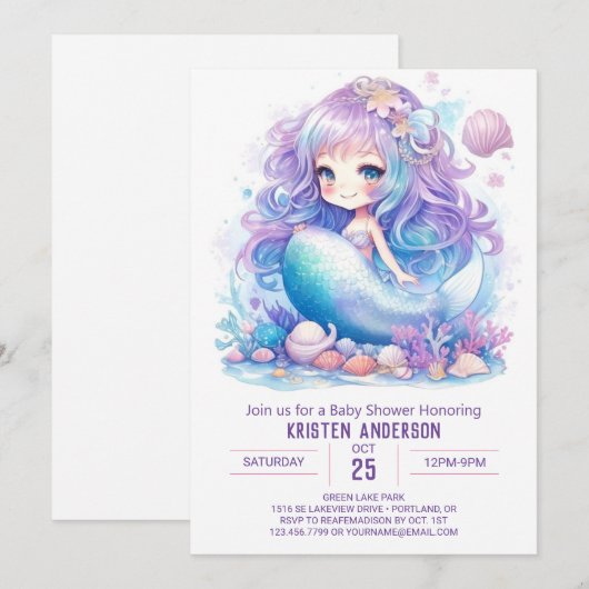 Mermaid Baby shower Invitation Kaart (Voorkant / Achterkant)