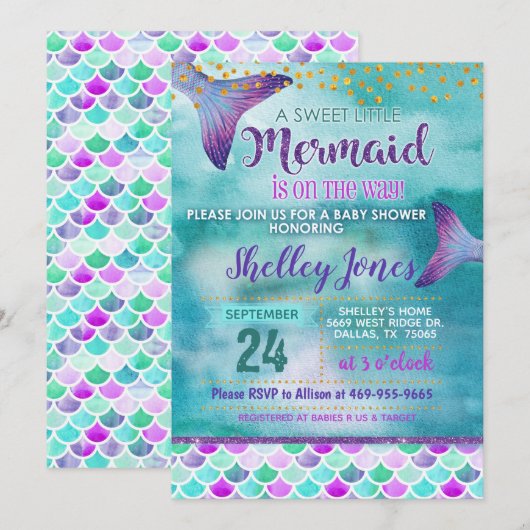 Mermaid Baby shower Invitation Kaart (Voorkant / Achterkant)
