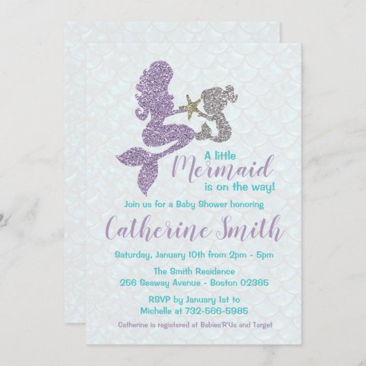 Mermaid Baby shower Invitation Lavender and Blauwg Kaart (Voorkant / Achterkant)