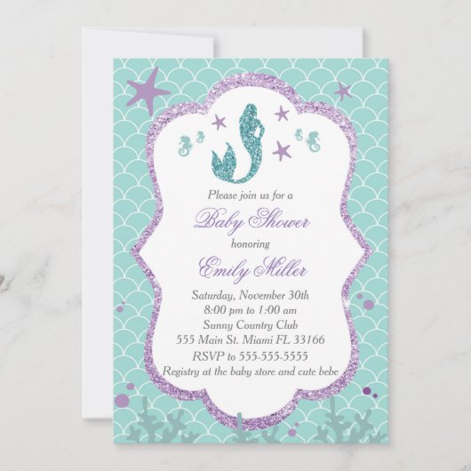 Mermaid Baby shower Invitation Paars Blauwgroen Kaart (Voorkant)