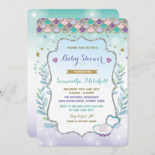 Mermaid Baby shower Invitation Paarse gouden oceaa Kaart (Voorkant / Achterkant)