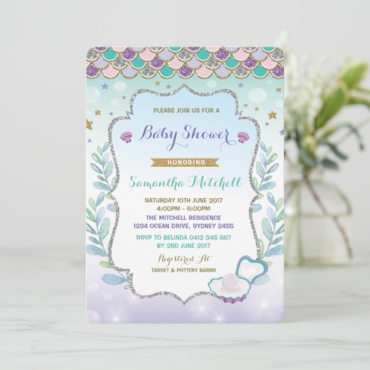 Mermaid Baby shower Invitation Paarse gouden oceaa Kaart (Staand voorkant)